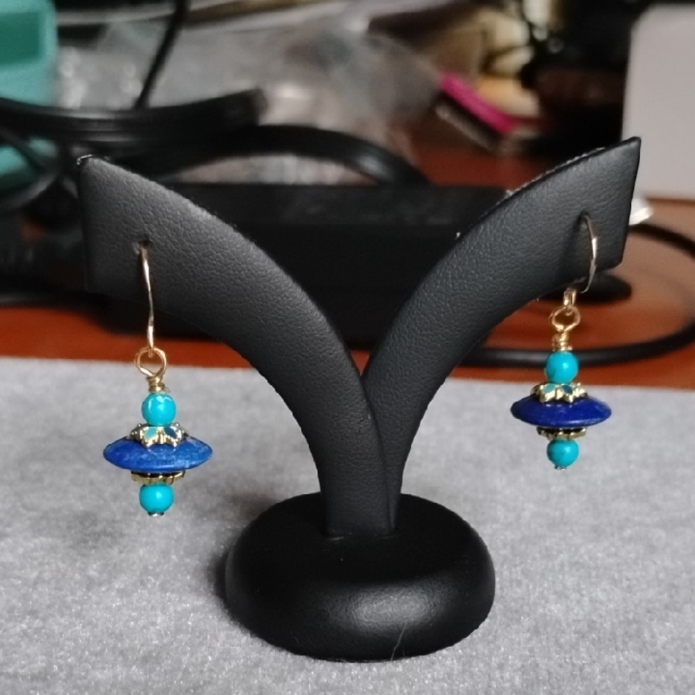 Hand Crafted Lapis and Turquoise Drop Earrings With Enamel Floral Bead caps